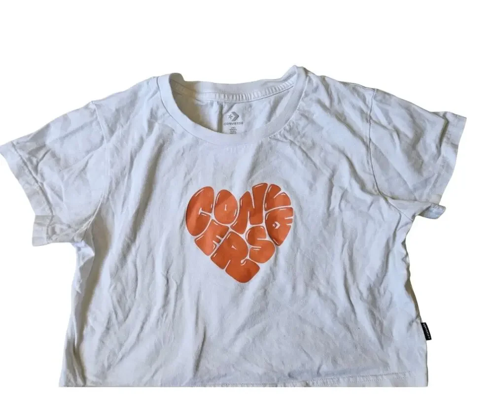 Converse Heart Logo Cropped Graphic Tee White Orange Size Large